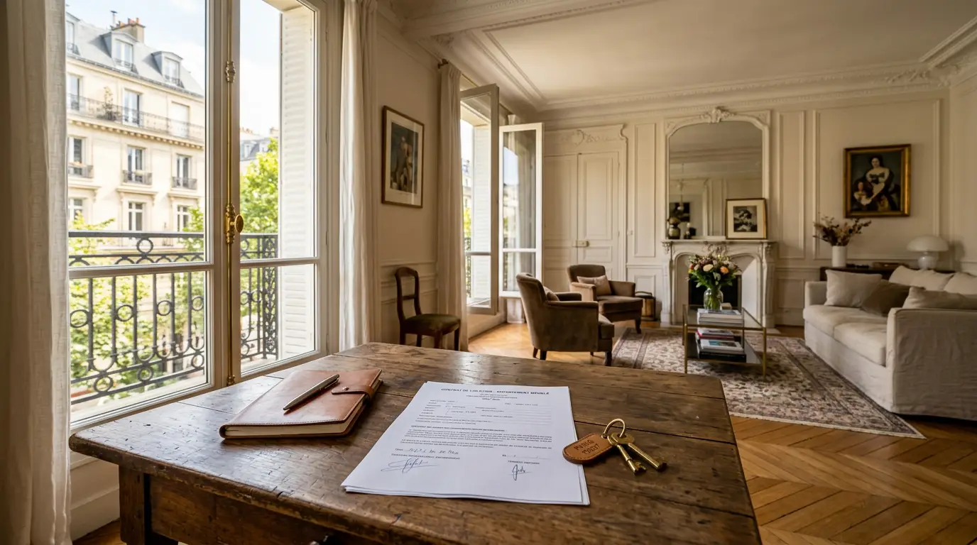 Contrat de location meublée posé sur une table avec des clés d'appartement