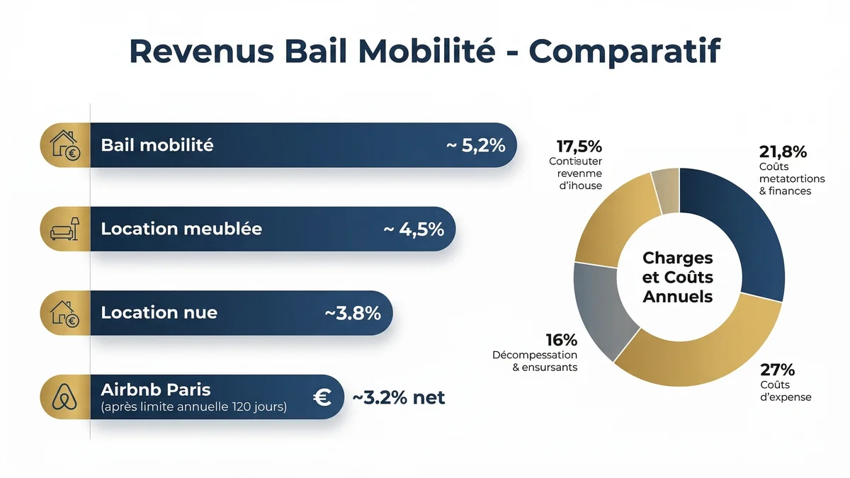 Infographie revenus bail mobilité : comparatif des stratégies locatives et répartition des coûts
