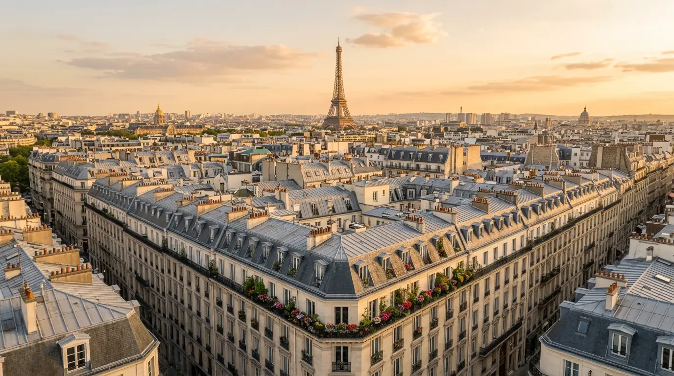 Vue panoramique de Paris avec immeubles haussmanniens et toits en zinc